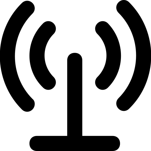 Black icon of a signal with radiating curved lines.