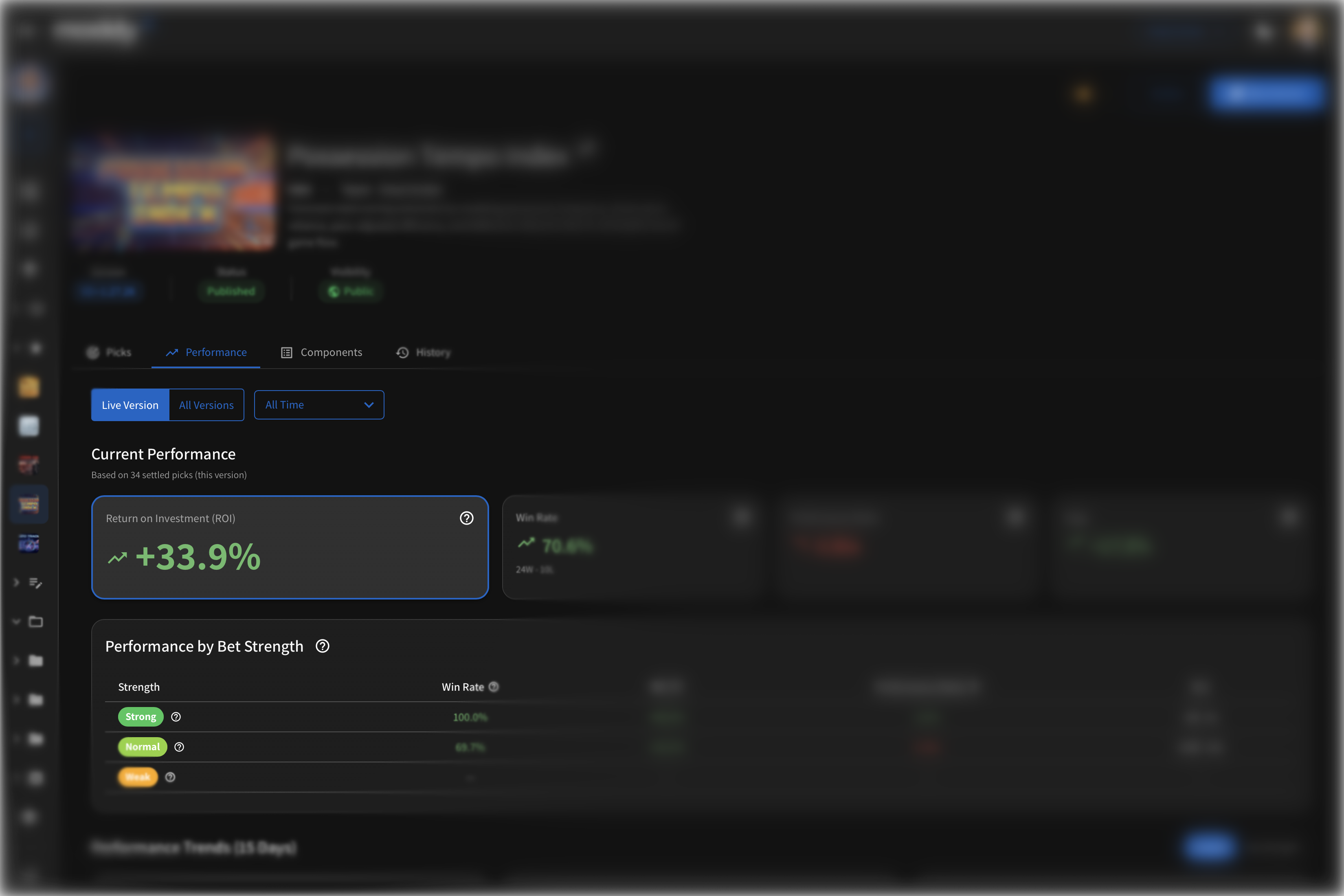 Dashboard showing current performance with a 33.9% return on investment and a 70.6% win rate, plus a performance breakdown by bet strength.