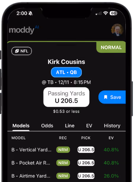 iphone screen showing Moddy bettor app