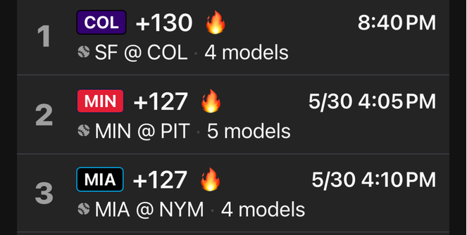 List of three MLB baseball games with teams, odds, fire icons, times, dates, and number of models.