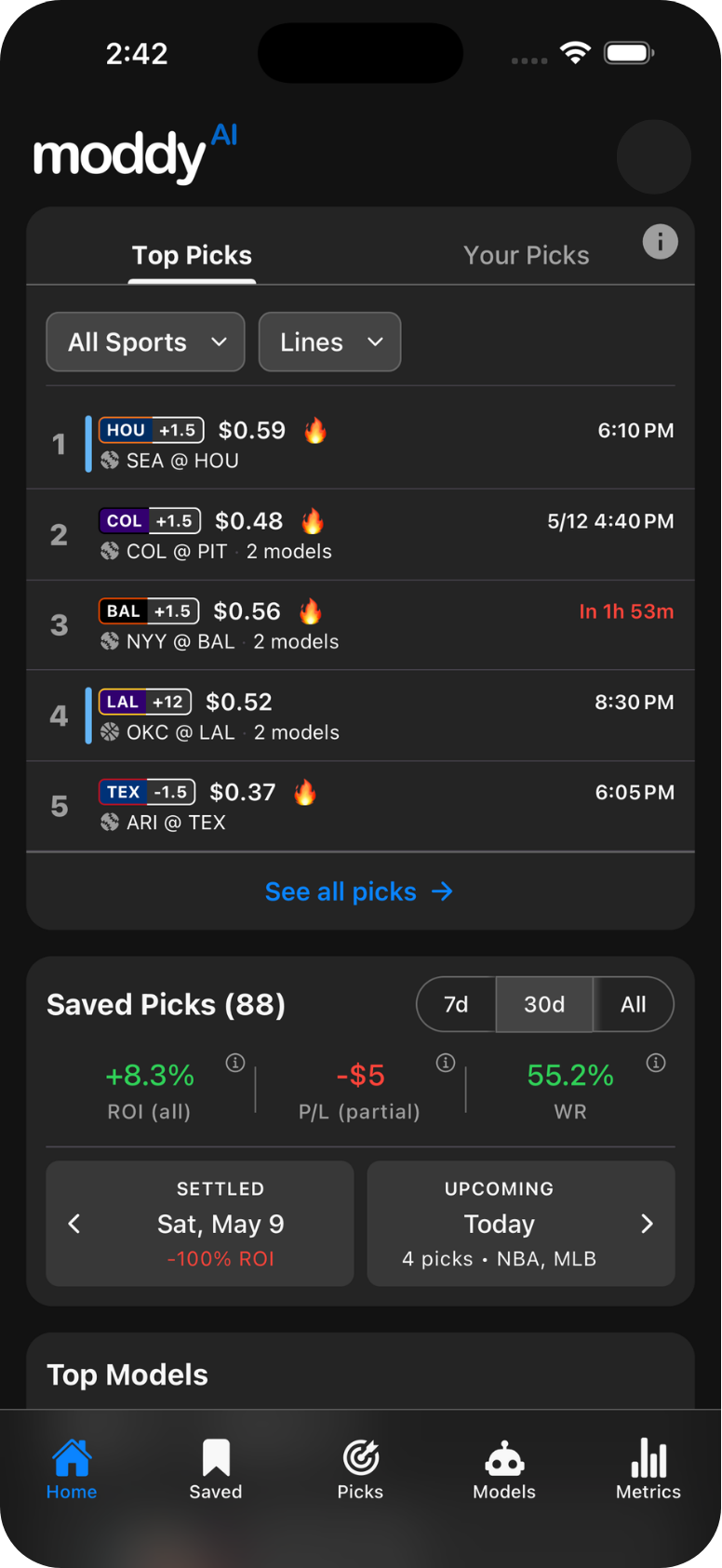 Dashboard of Moddy AI showing Chalk Tolerance Theory NBA team point spread with model score 16.3 developing, test completed successfully, and chat panel with lab partner messages on scoring and turnover metrics.