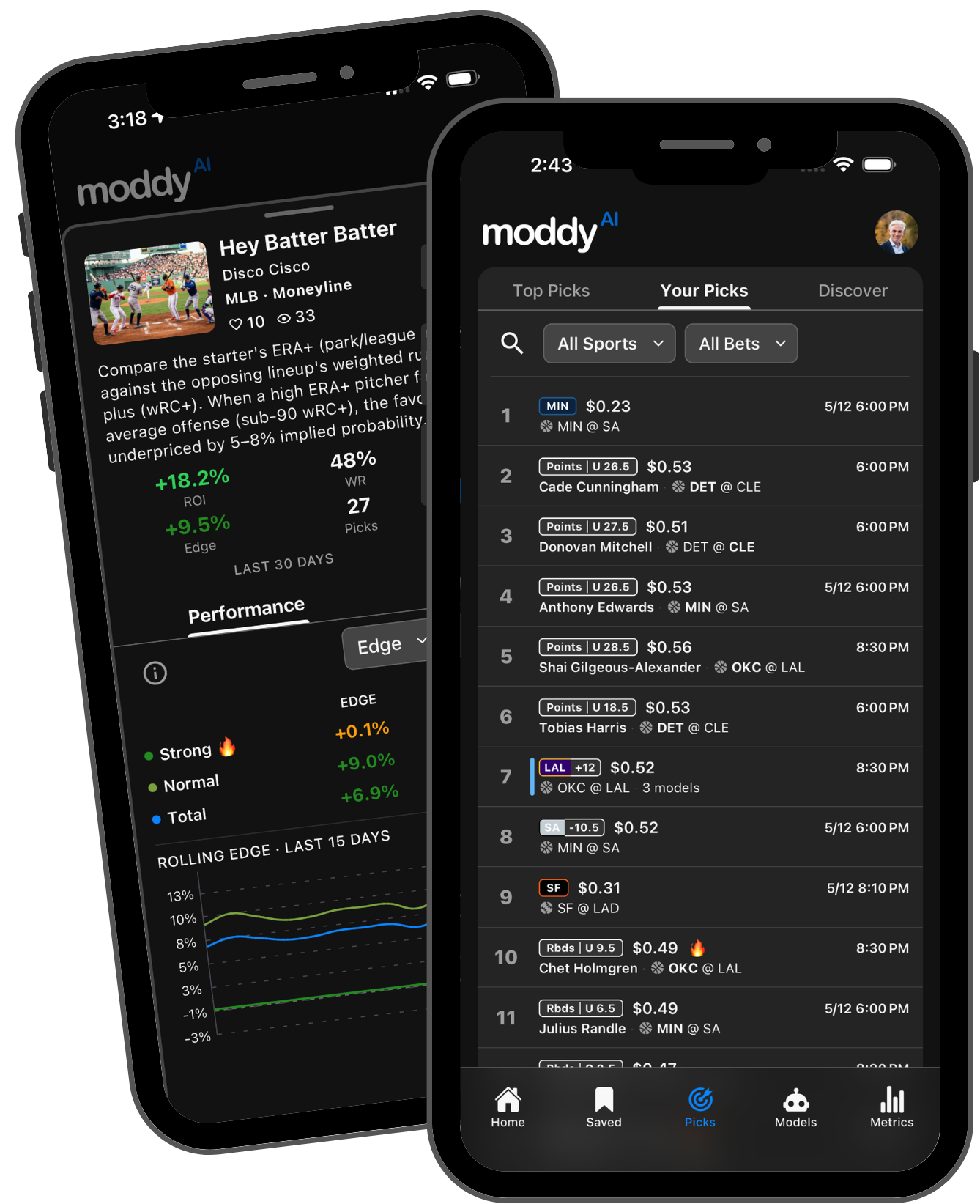 Moddy app showing picks and performance history