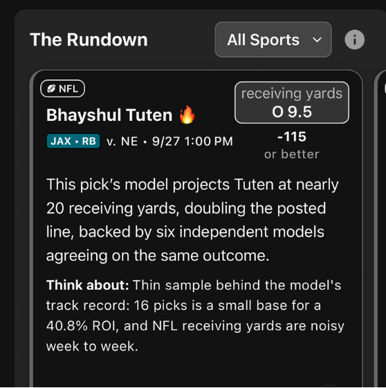 The Rundown portion of screen in Moddy app