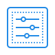 Blue icon of three horizontal sliders inside a square frame, representing settings or controls.