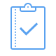 Blue clipboard icon with a check mark on it.