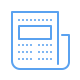 Blue outline icon of a newspaper with text blocks and a folded corner.