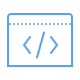 Blue outline icon of a web browser window containing HTML code symbols: a left angle bracket, a slash, and a right angle bracket.