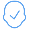 Blue outline of a human head with a checkmark inside, symbolizing approval or verification.