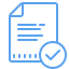 Blue line icon of a document with text lines and a checkmark symbol inside a circle on the lower right corner.