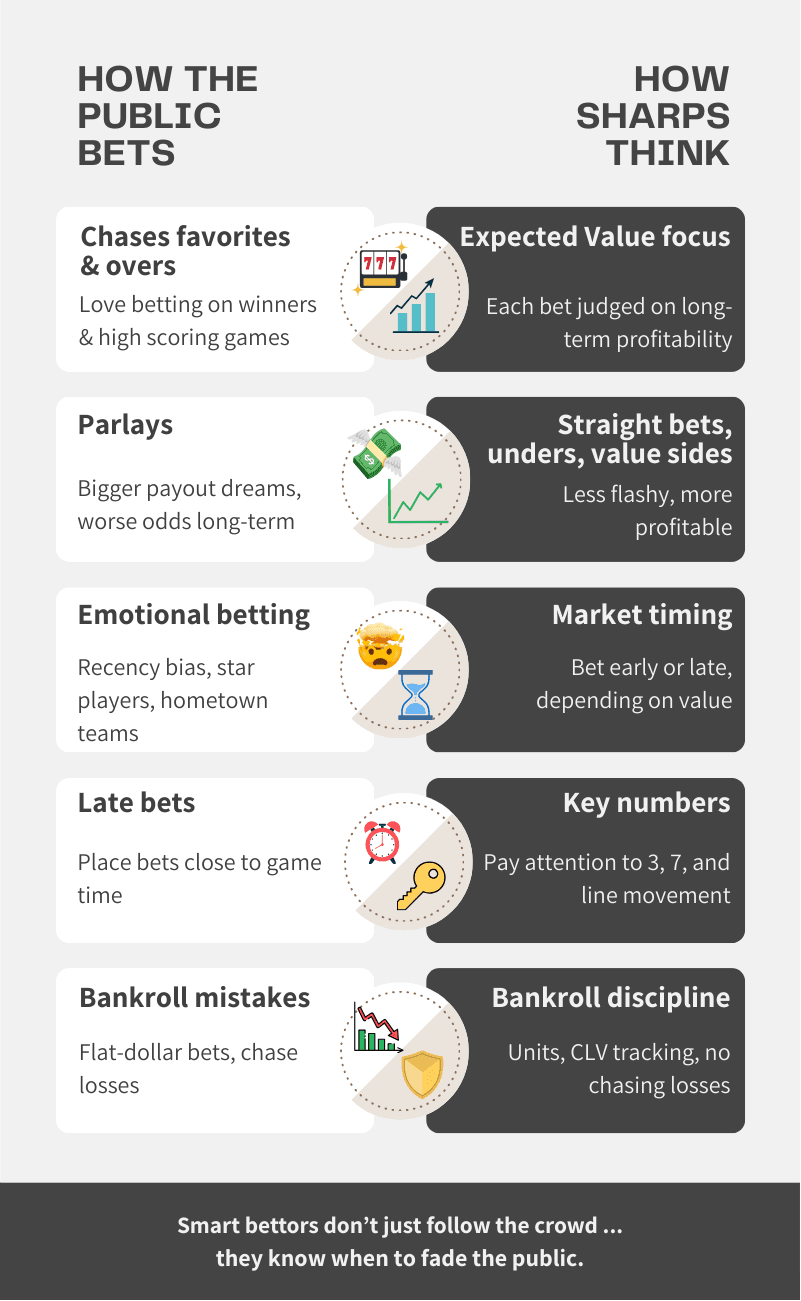 Split screen image showing the differences between how the public bets vs how sharps think