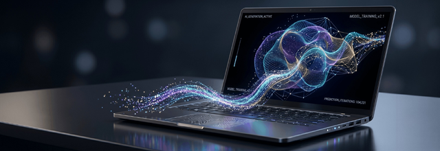 abstract data streams flowing from the keyboard into an intricate, luminous network on the screen, representing the creation of an AI prediction model