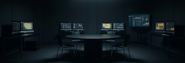 A dark cinematic back-office room with glowing screens displaying sports statistics and model data, empty chairs around a round table — representing Moddy's AI pundit system