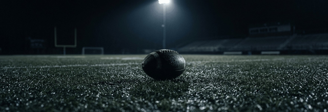 A football resting on a dark wet field under stadium lights at night