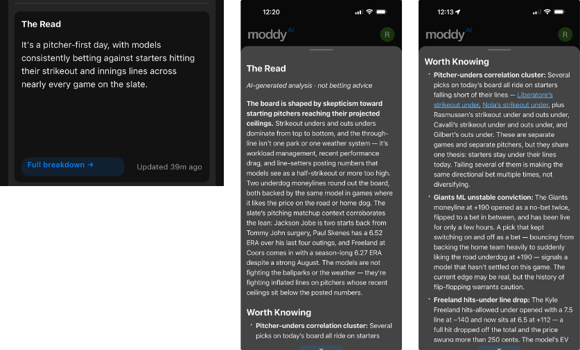 Two Moddy app screens from a live slate: The Read's summary card describing a pitcher-first day, and its Worth Knowing breakdown flagging a correlated cluster of pitcher strikeout-under picks, an unstable Giants moneyline pick, and a Kyle Freeland hits-under line move.
