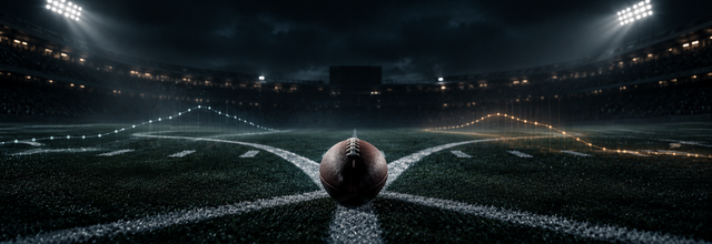 Football on a stadium field with diverging lines and probability graphs representing NFL prediction markets.