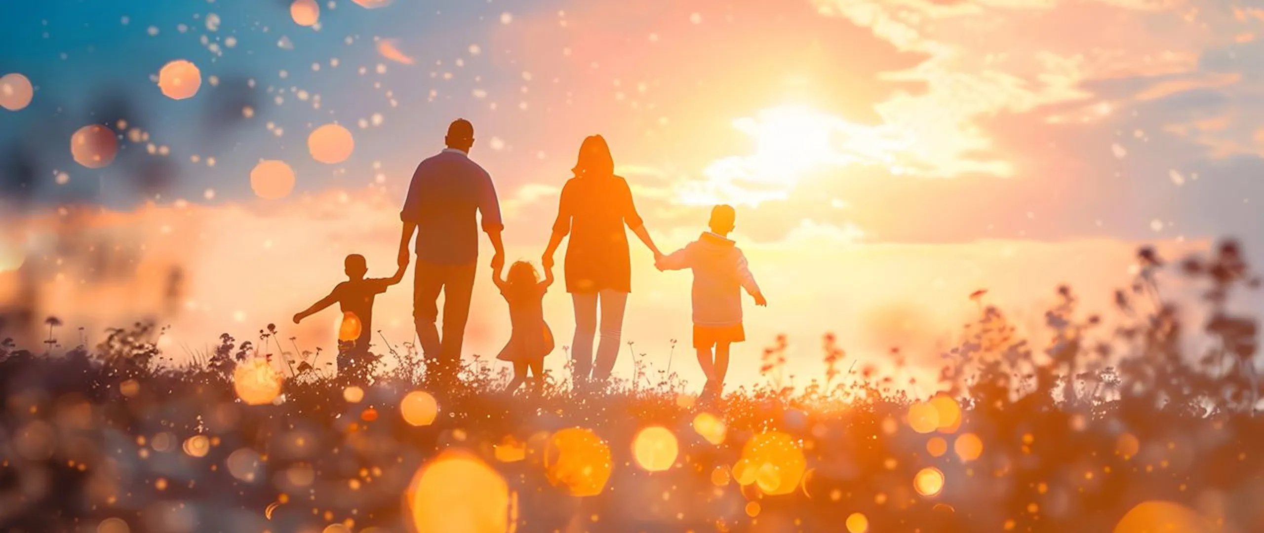 Silhouette of a family of two adults and three children holding hands, walking through a field at sunset with warm glowing light effects.