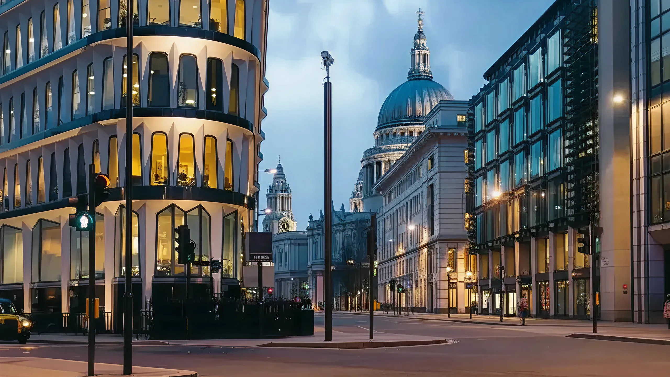Evening cityscape with modern glass buildings and St. Paul's Cathedral dome in the background.