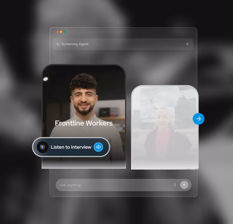 Interface showing a smiling man labeled Frontline Workers with a button to listen to an interview and another card blurred beside it.