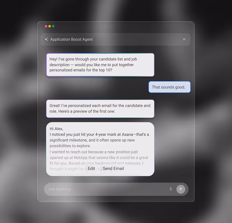 Chat interface titled Application Boost Agent with a conversation about generating personalized emails for job candidates, including a sample email preview.