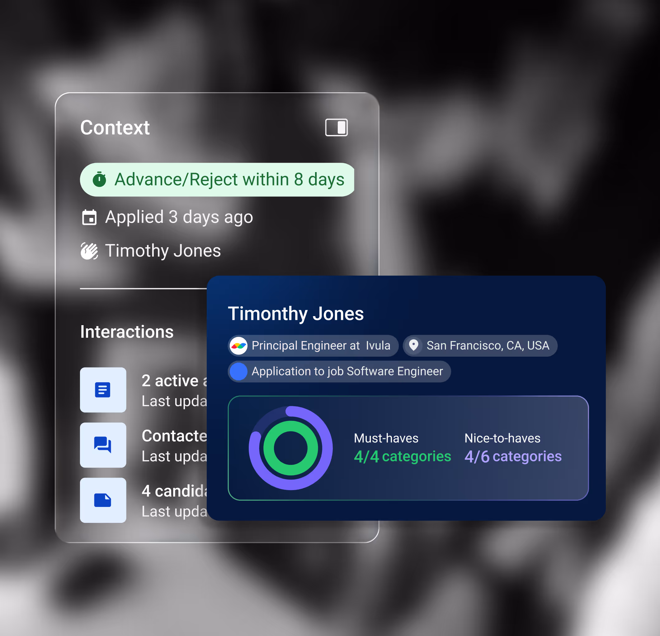 User interface showing candidate Timonthy Jones' job application details including role, location, application status, and skills match for must-have and nice-to-have categories.