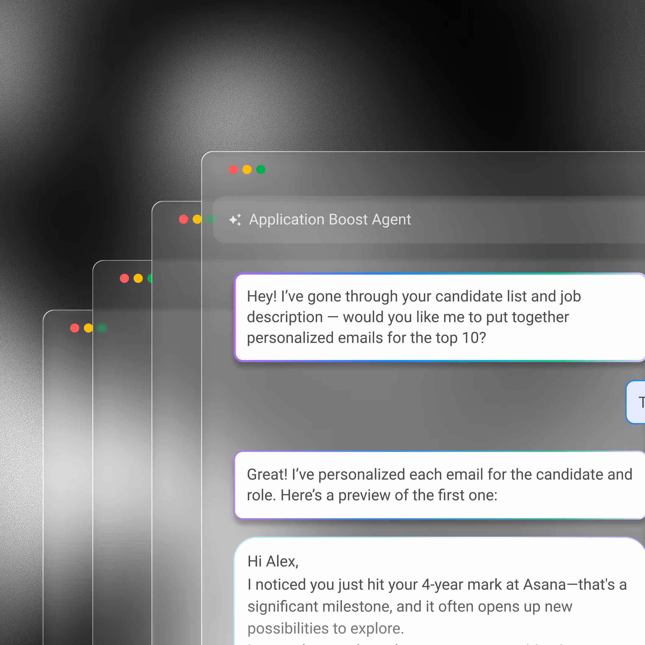 Digital chat interface of Application Boost Agent creating personalized emails for candidates based on job descriptions.