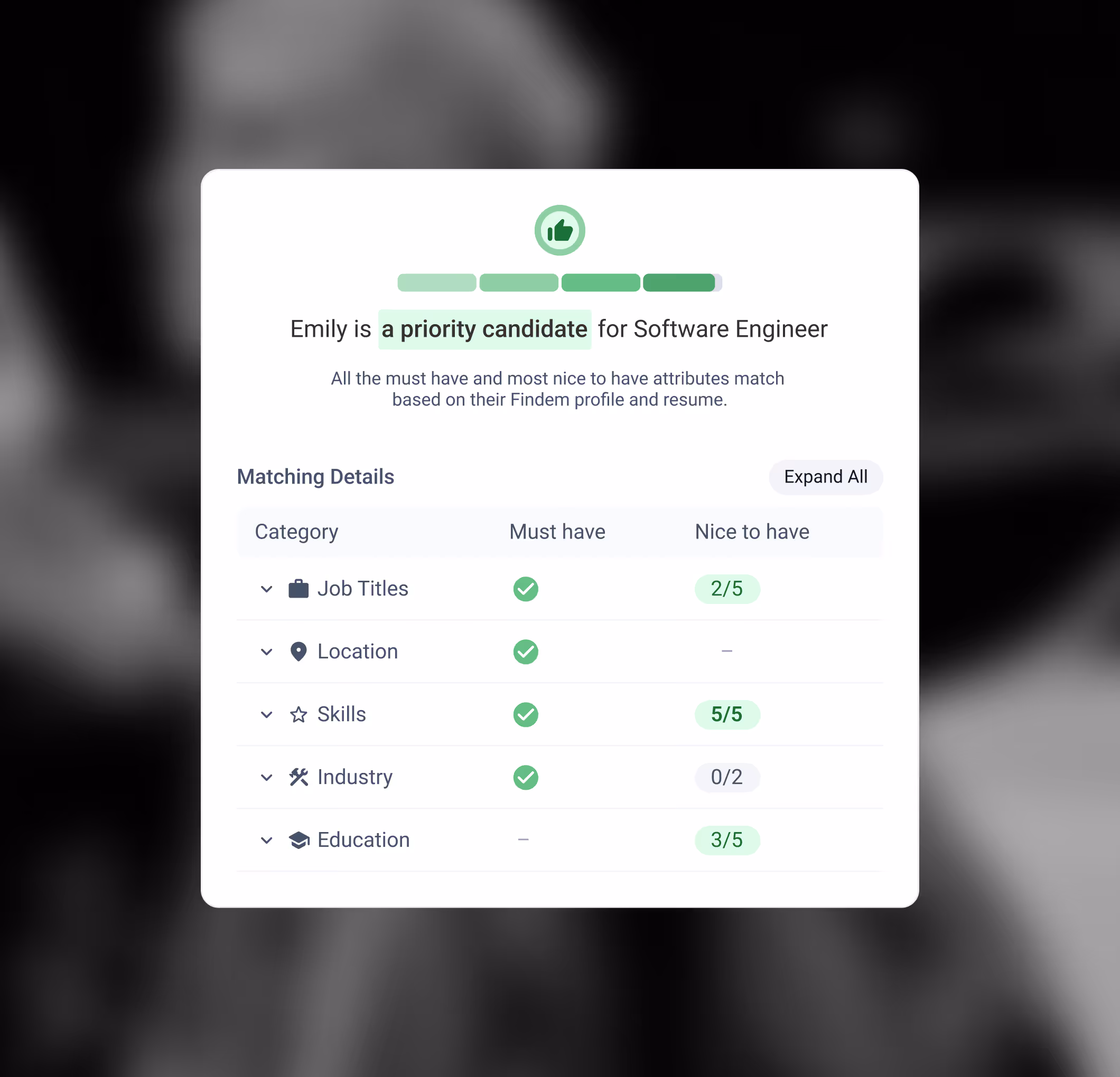 Applicant review summary showing Emily as a priority candidate for Software Engineer with matching details in job titles, location, skills, industry, and education categories.