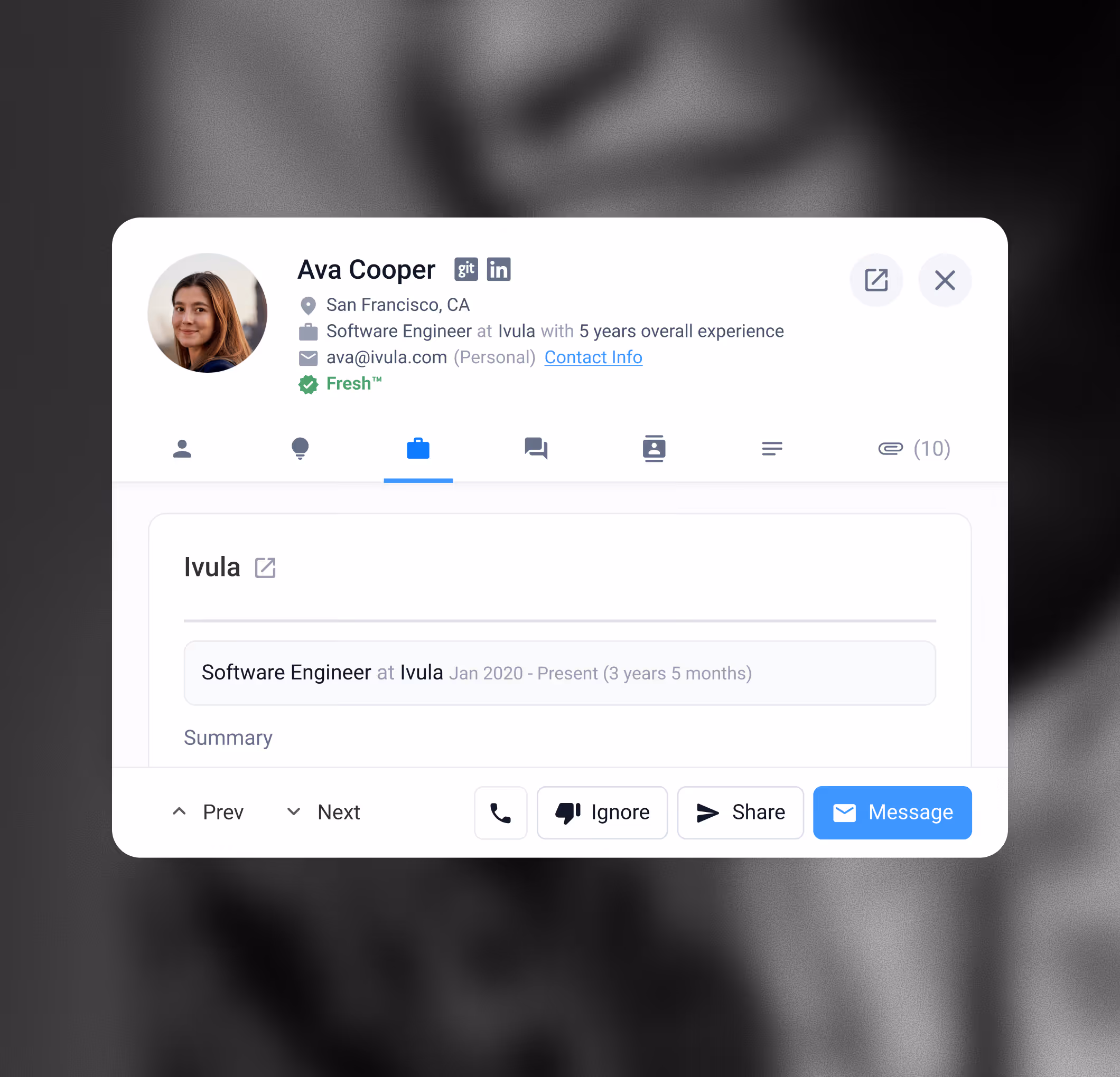 Profile card of Ava Cooper, Software Engineer at Ivula in San Francisco with 5 years experience, showing contact info and job details.
