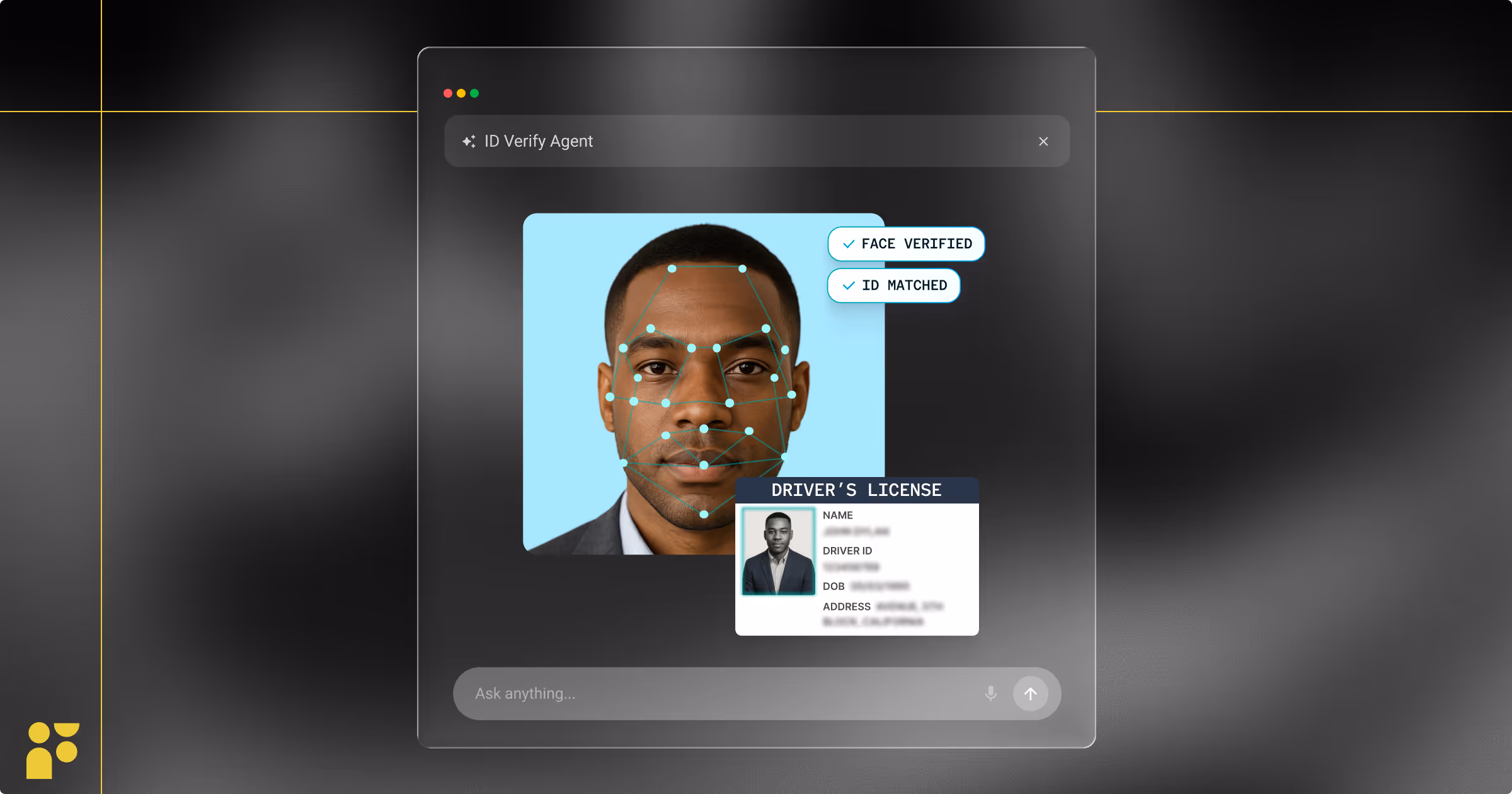 ID verification interface showing a man's photo with face recognition and driver’s license match confirmed.