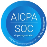 Blue circular badge with text AICPA SOC and URL aicpa.org/soc4so on it.