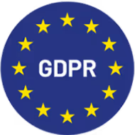 Blue circle with twelve yellow stars arranged in a circle and 'GDPR' text in the center.