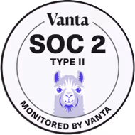 Round SOC 2 Type II certification badge by Vanta featuring a stylized llama face.