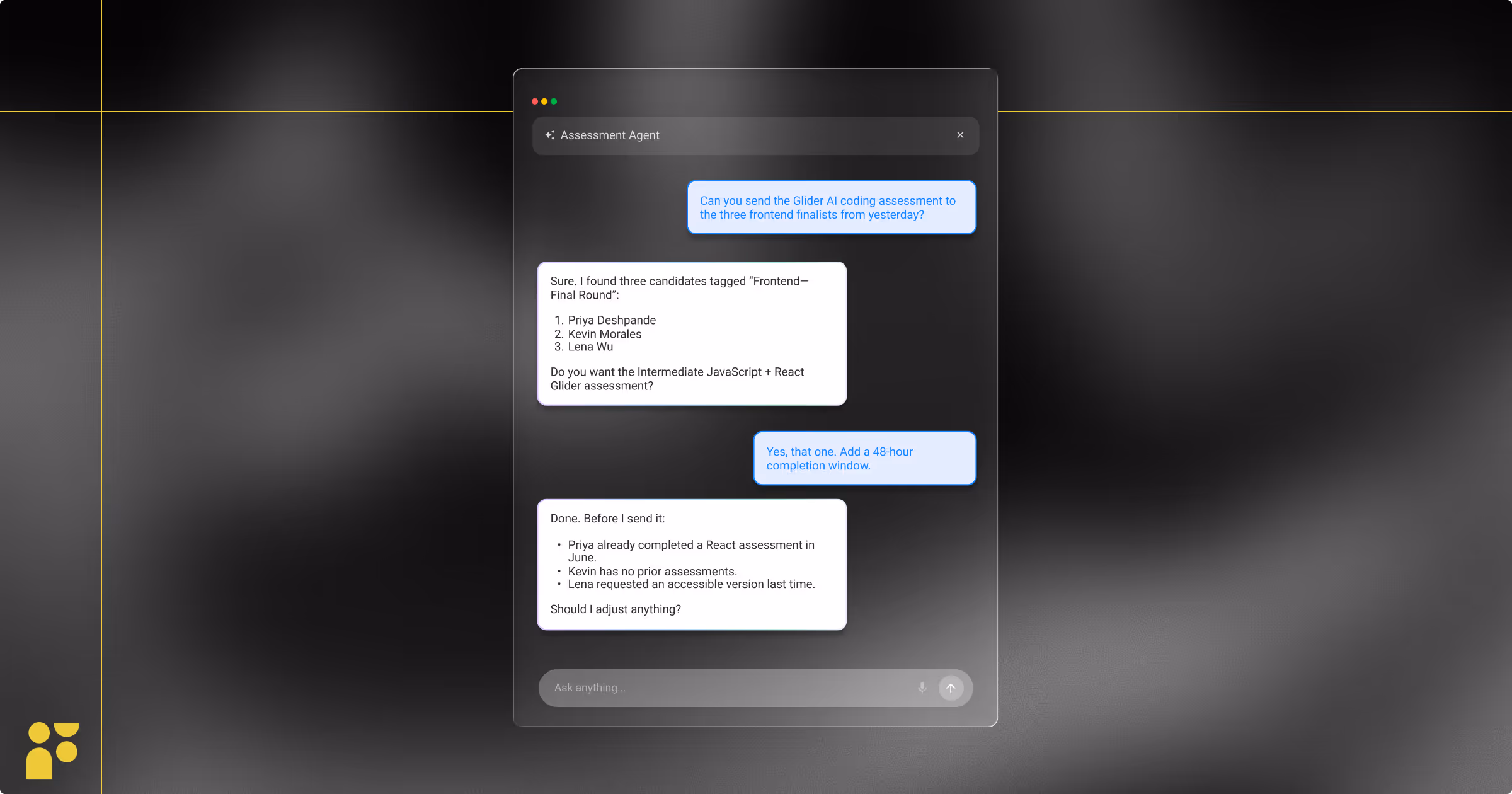 Chat window of Assessment Agent discussing sending a Glider AI coding test to three frontend finalists.