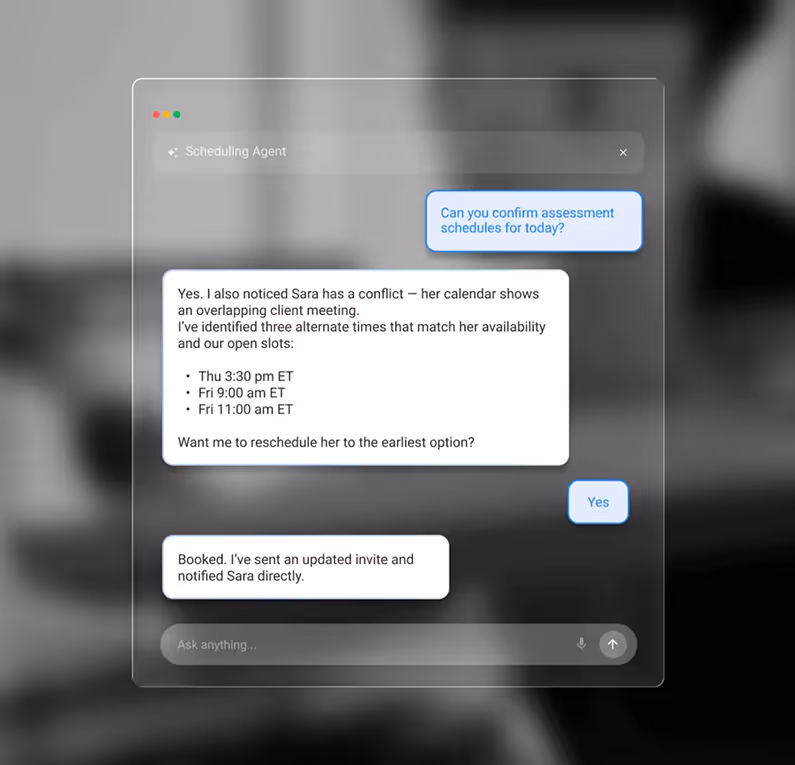 Chat interface of a scheduling agent confirming assessment schedules and rescheduling a conflict for Sara with alternate times.
