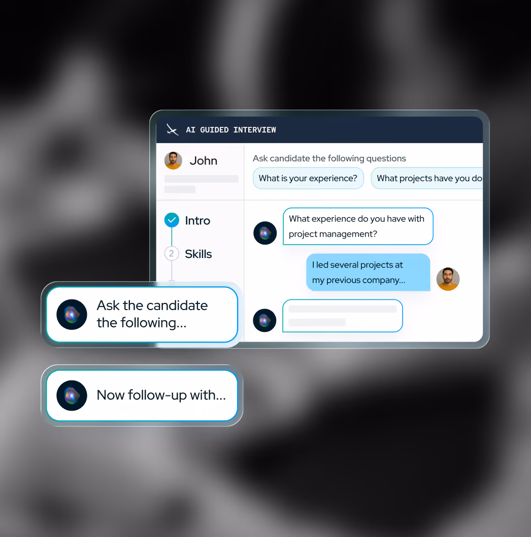 Voice command interface requesting creative problem-solvers with startup grit and a donut chart showing 150 top candidates divided by source: inbound applicants, ATS, internal employees, CRM, employee referrals, and alumni.