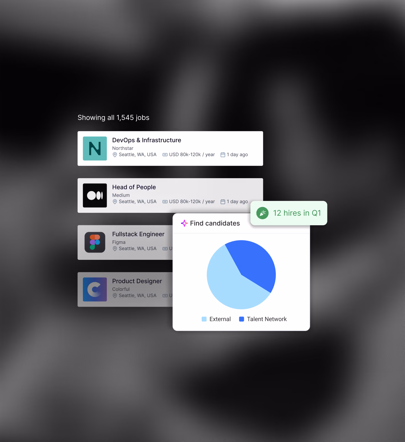 Dashboard showing a Product Designer job listing with details and a pie chart of 150 top candidates segmented by Copilot recommendations from inbound applicants, ATS, internal employees, CRM, employee referrals, and alumni.
