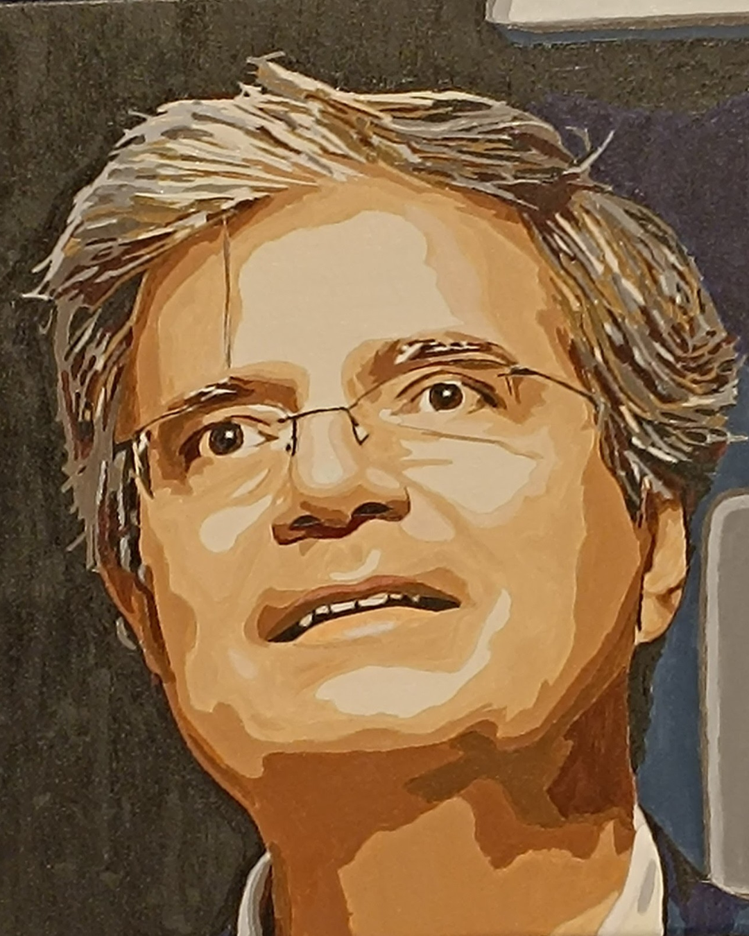 Portrait peint d'un homme avec des lunettes, cheveux gris et expression songeuse.