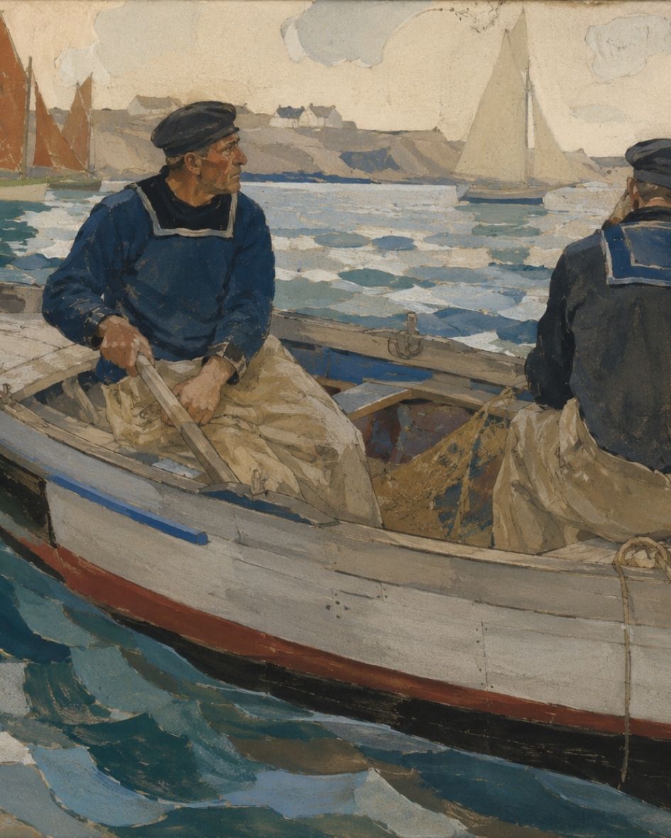 Peinture de rochers bruns au bord d'une mer bleue sous un ciel partiellement nuageux.