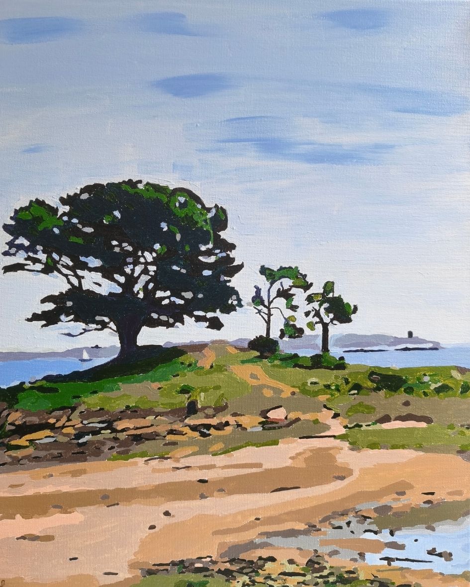 Peinture d'un chiot berger allemand assis sur un tronc d'arbre avec un fond gris.