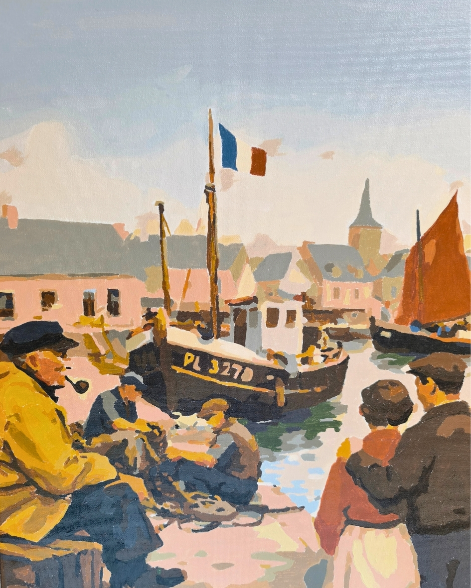 Peinture d’un coucher de soleil avec des rochers sombres en silhouette sur une mer calme aux reflets clairs.