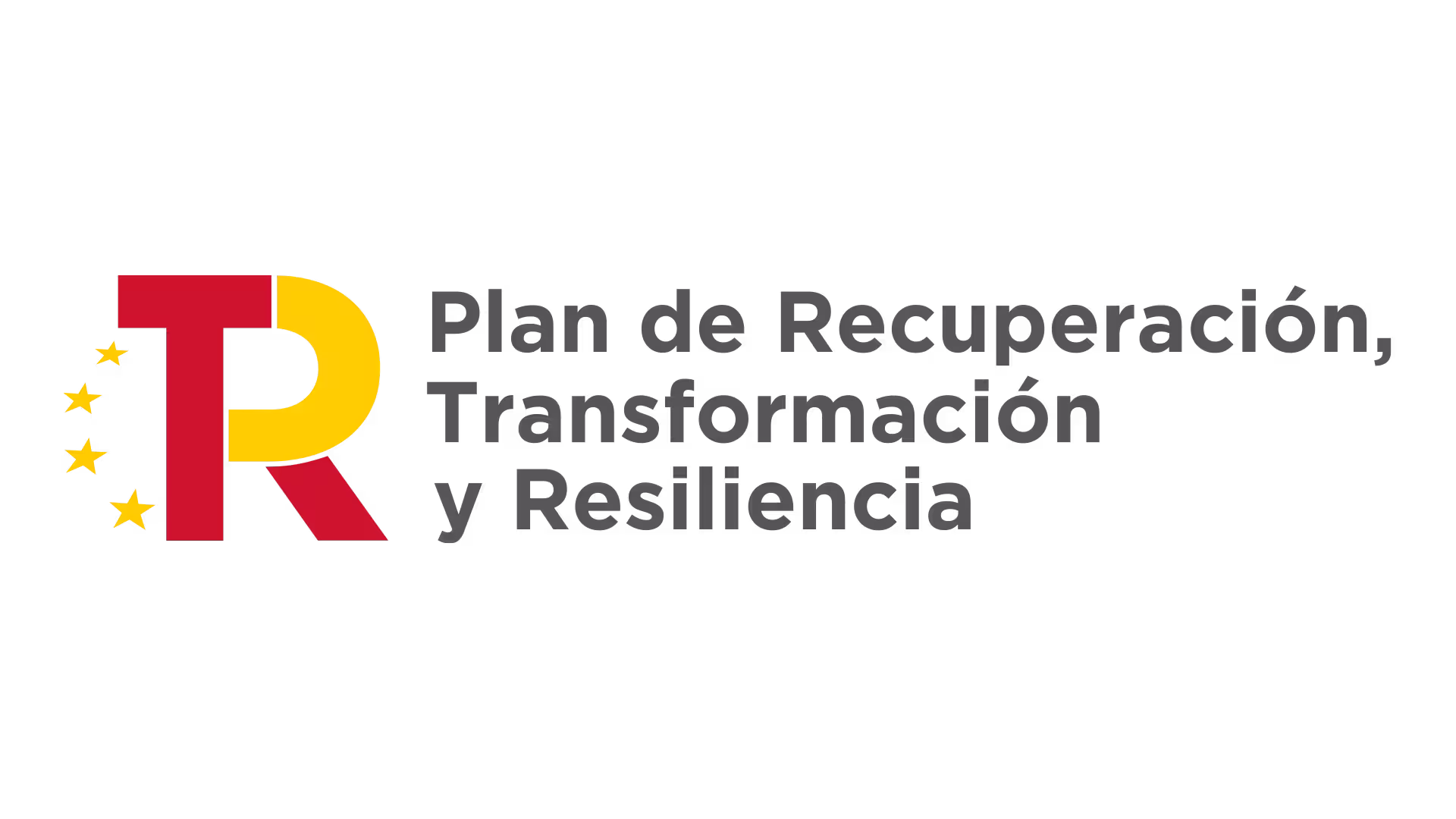 Logo with red and yellow letter R and text Plan de Recuperación, Transformación y Resiliencia.