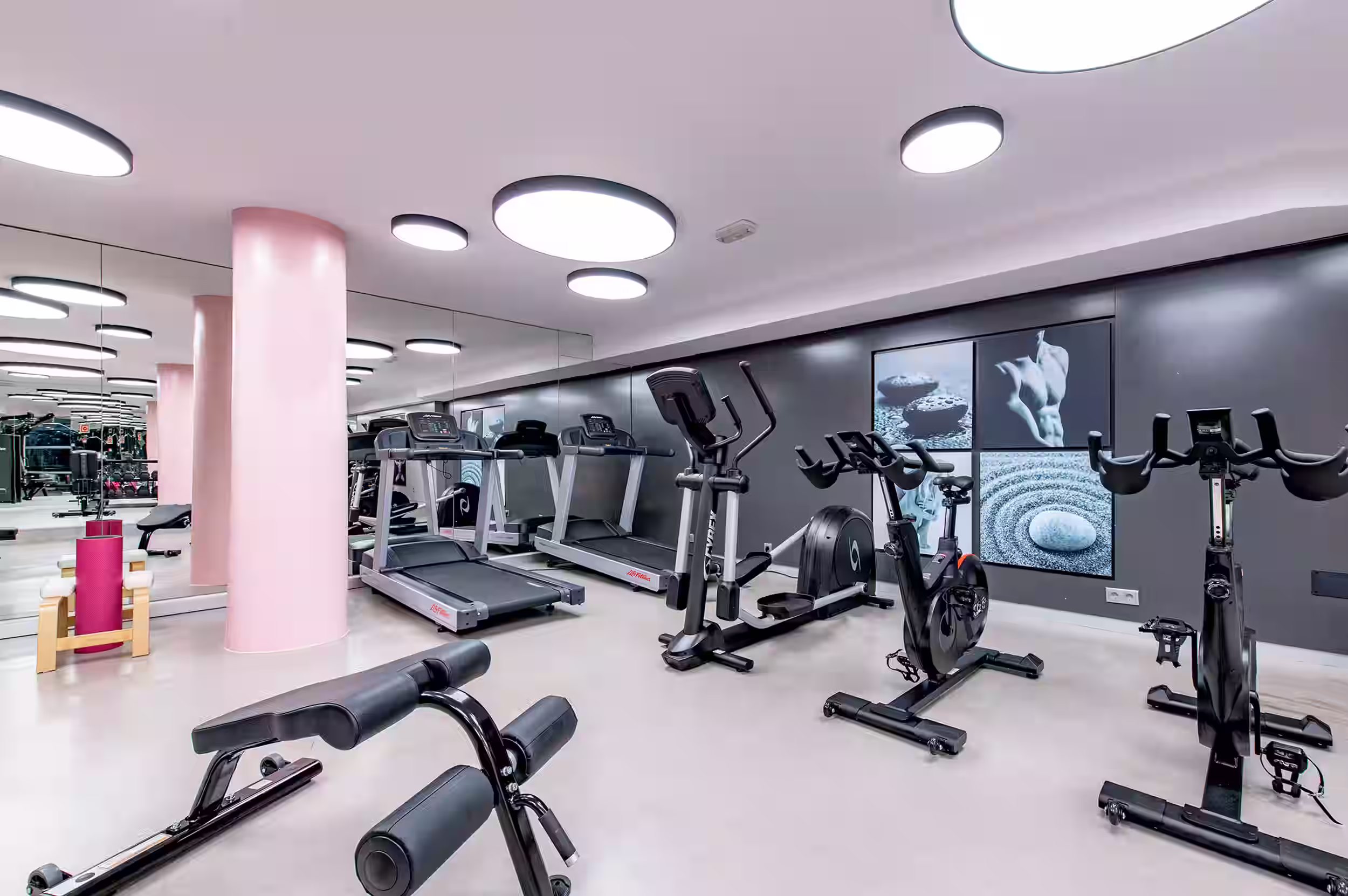 Modern gym with exercise bikes, weight benches, dumbbells, and strength machines under circular ceiling lights.