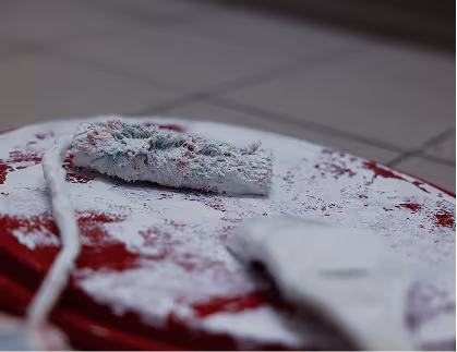 Abgenutzter, weiß bemalter Farbroller auf einem roten Farbeimer mit weißer Farbe.