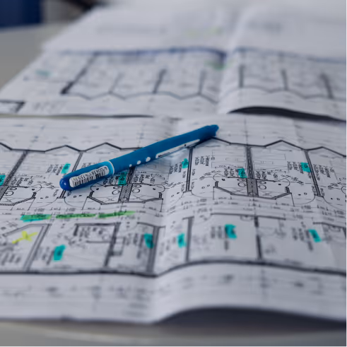 Blauer Stift liegt auf einem technischen Bauplan mit hervorgehobenen Bereichen.