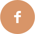 Facebook icon in white on a brown circular background.