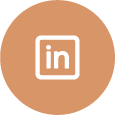 LinkedIn logo in white inside a square on a brown circular background.