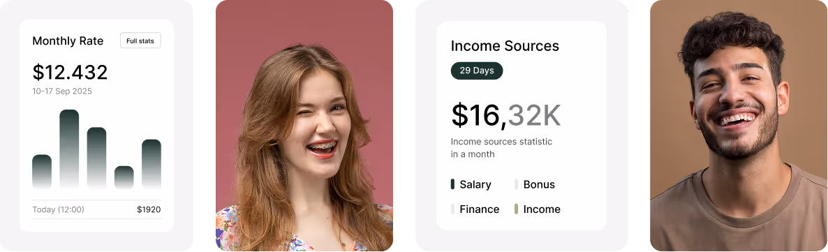 Four-panel layout with two data cards showing monthly rate and income sources alongside portraits of a winking woman with braces and a smiling man with short curly hair.