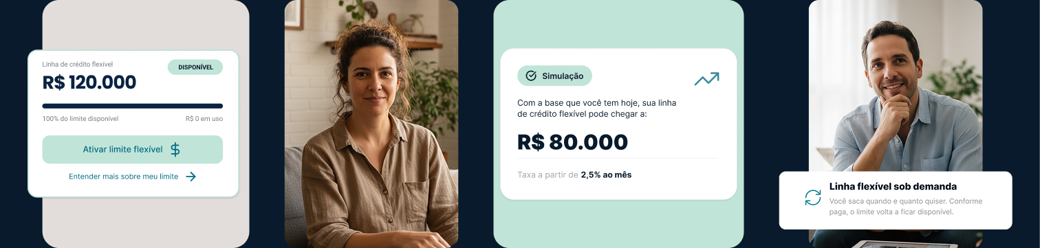 Mobile app interface showing flexible credit line of R$120,000 available and a simulation credit limit of R$80,000 at 2.5% monthly interest, with smiling man and woman portraits.