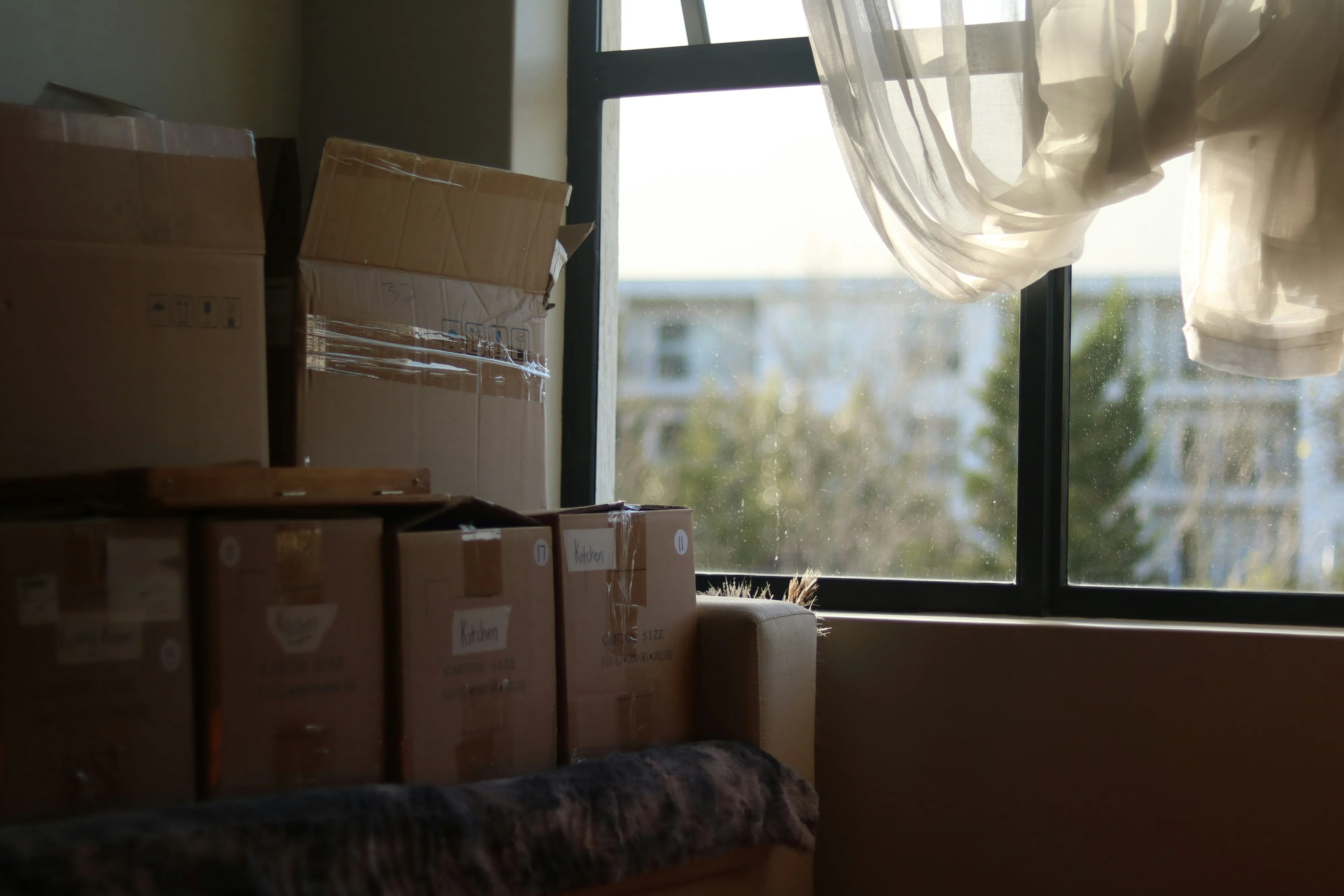 Image of a pile of cardboard boxes next to a large window.