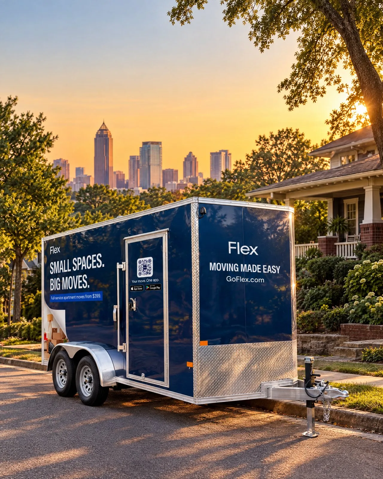 A navy Flex moving trailer parked on a city street at sunset