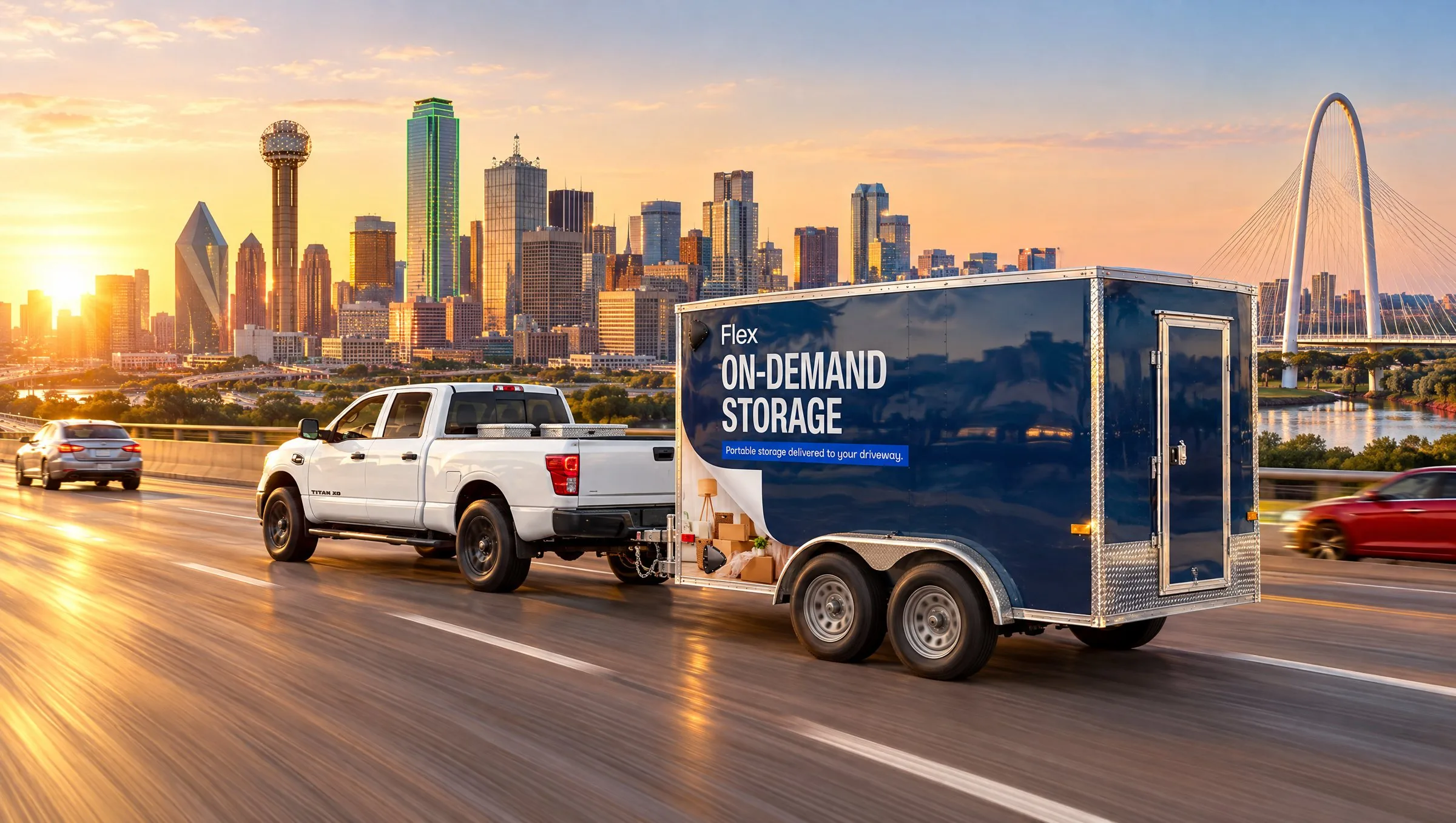Pickup towing a Flex trailer on the highway with the Dallas skyline and Margaret Hunt Hill Bridge at sunset